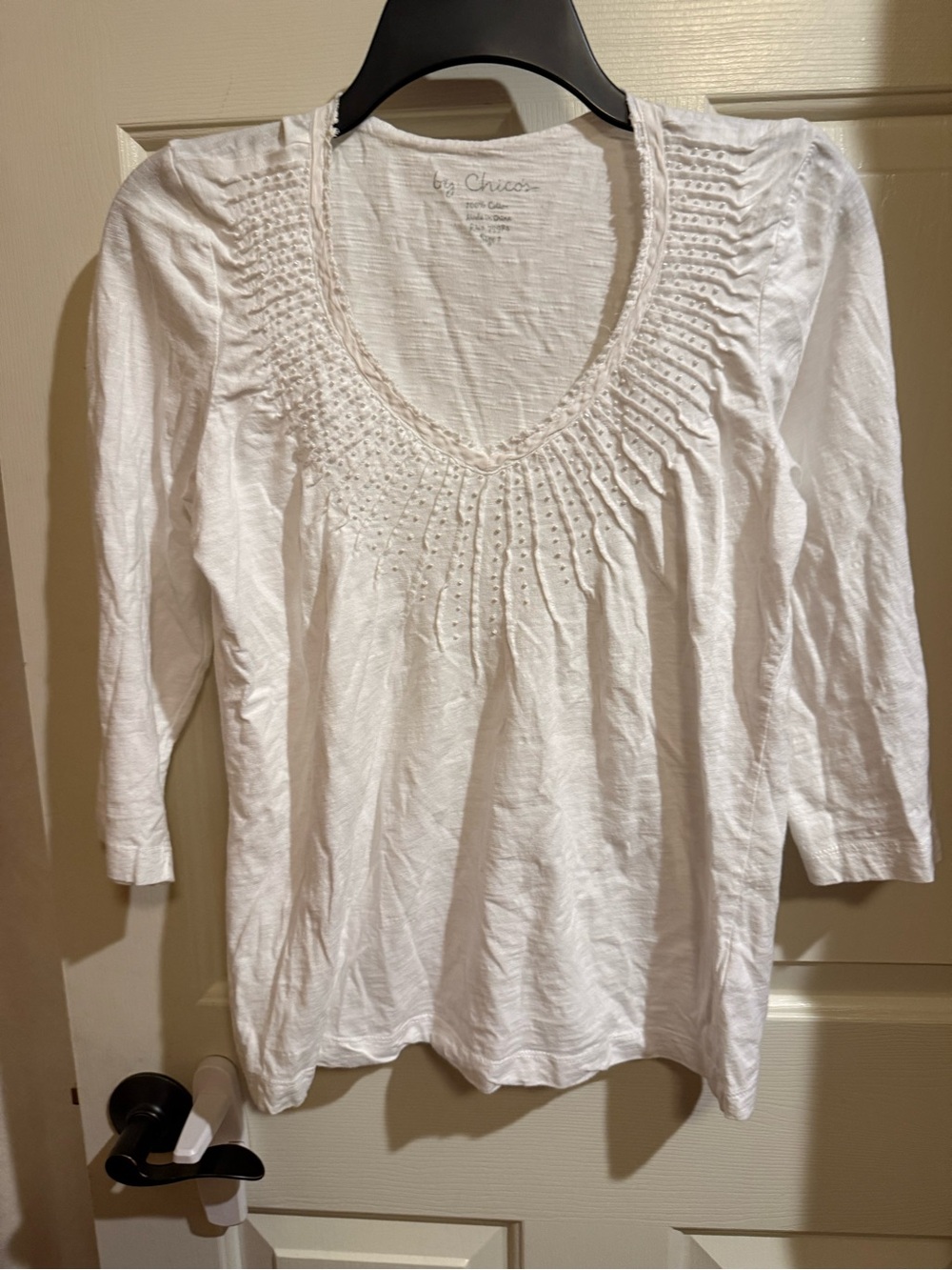 Chico's White Long Sleeve Scoop Neck Top with Pintuck & Bead Detail
